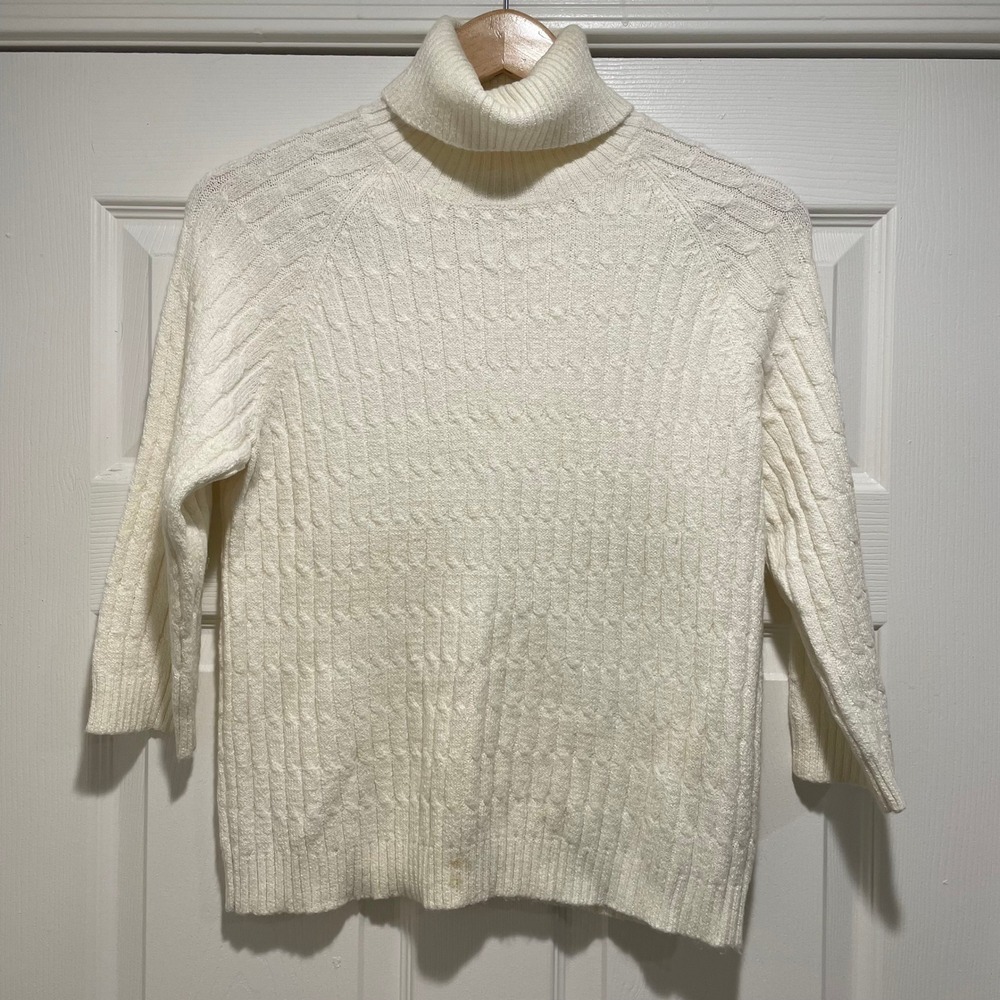 George Womens Turtleneck Sweater XL Parchment White Acrylic Cotton Cable Knit